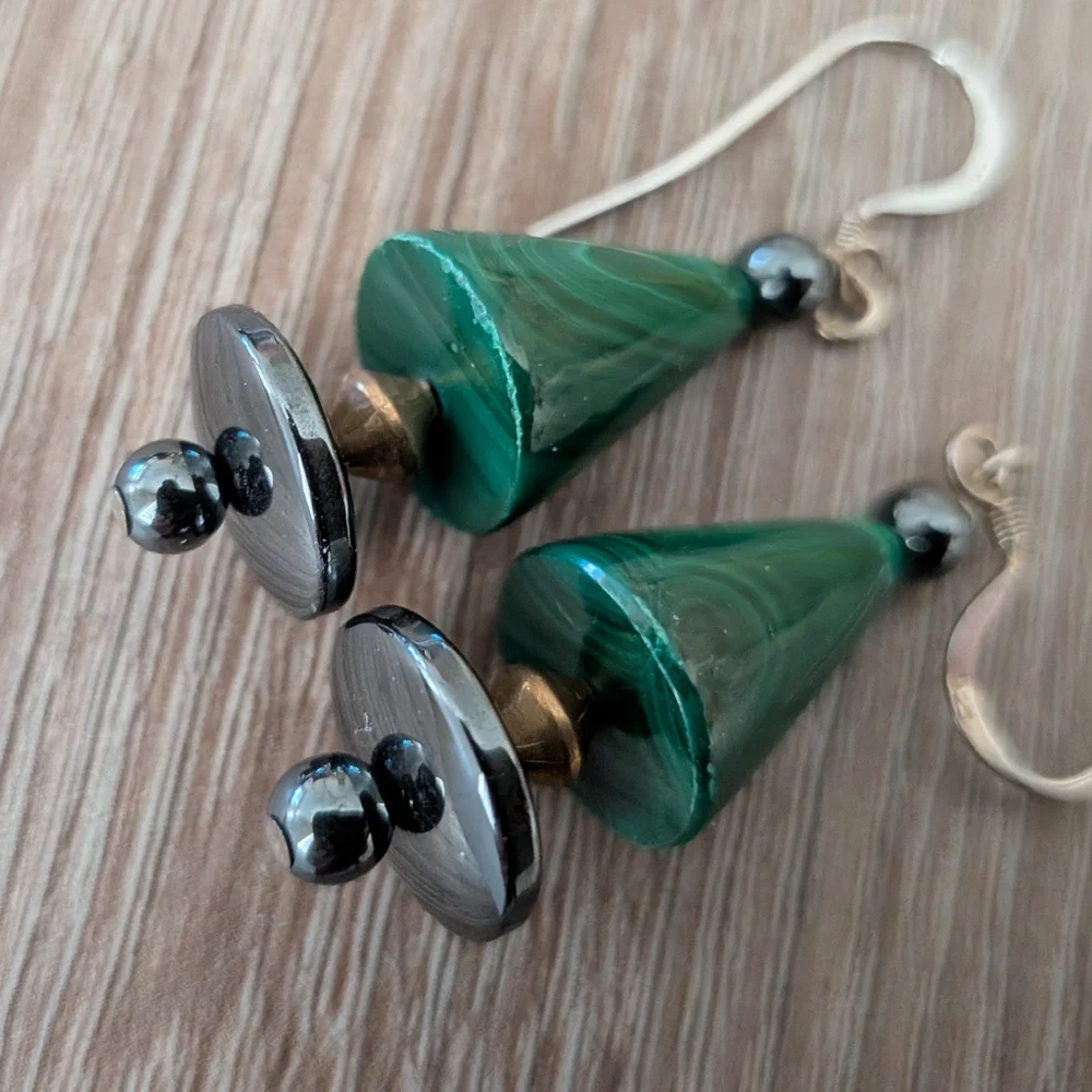 Sterling Silver 925 Vintage Boho Malachite Dangle Earrings - Picture 6 of 6